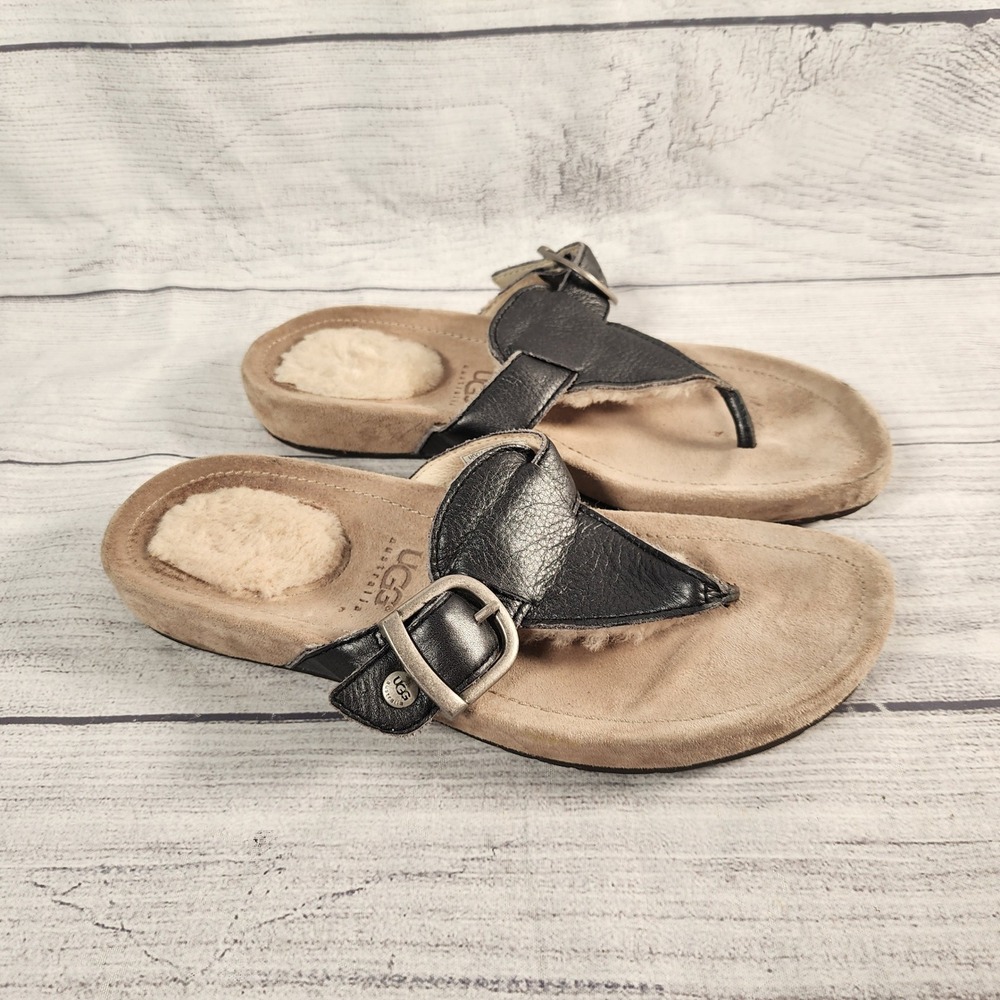 UGG Australia 1759 Womens 7 Gunmetal Leather Sheepskin Thong Sandals Flip Flop